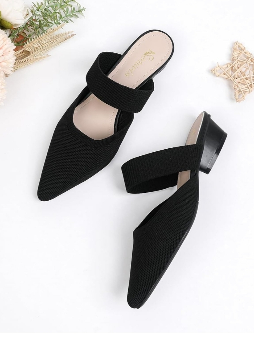 Semwiss Pointed Toe Chunky Low Heeled Mule Sandals Breathable Backless